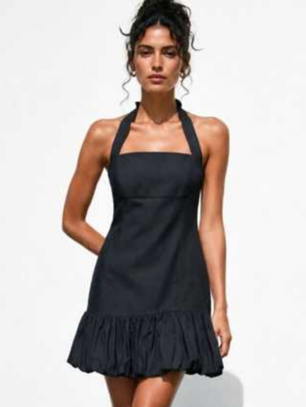 Zara Halter Bubble Hem Mini Dress in black NWT Size US Small